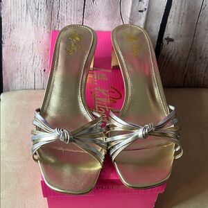 NWOT Lilly Pulitzer Cora Sandal, gold metallic x silver size 8.5 in the box